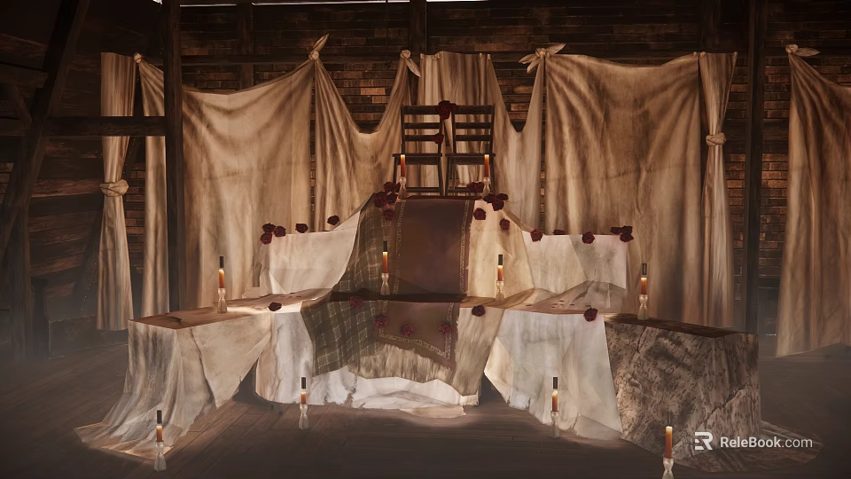 Rustic Ceiling Drapery Decor With Wooden Chair And Candle Rose Setup 3d model