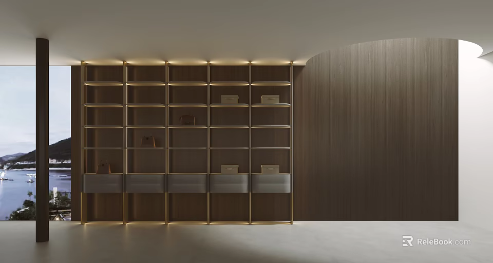 Modern Wooden Decorative Cabinet With Multiple Shelves Drawers And Warm Lighting 3d model 