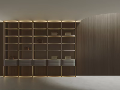 Modern Wooden Decorative Cabinet With Multiple Shelves Drawers And Warm Lighting 3d model