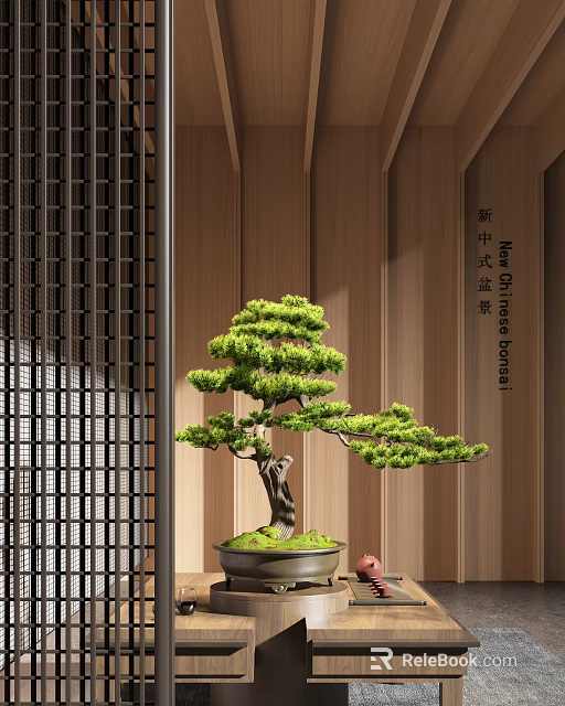 Modern Chinese Style Bonsai Plant Interior With Wooden Wall And Lush Foliage 3d model 