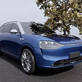 Modern Blue SUV With Sleek Design Front Headlights And Silver Wheels Parked By Tree