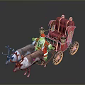 Santa Claus Riding Red Sleigh Pulled By Reindeer With Gold Accents And Lanterns