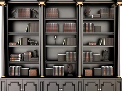 Classical Black Bookcase With Multiple Shelves Filled With Books Decorative Statues And Golden Columns 3d model