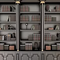 Classical Black Bookcase With Multiple Shelves Filled With Books Decorative Statues And Golden Columns