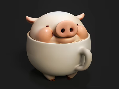 Cute Pig Doll in White Cup with Pink Nose and Adorable Face 3d model
