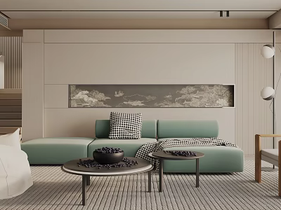 Modern Living Room Interior Design With Light Green Sofa Checkered Cushions And Round Coffee Tables 3d model