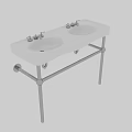 Double Sink Ceramic Washbasin With Modern Chrome Faucets And Metal Support Stand