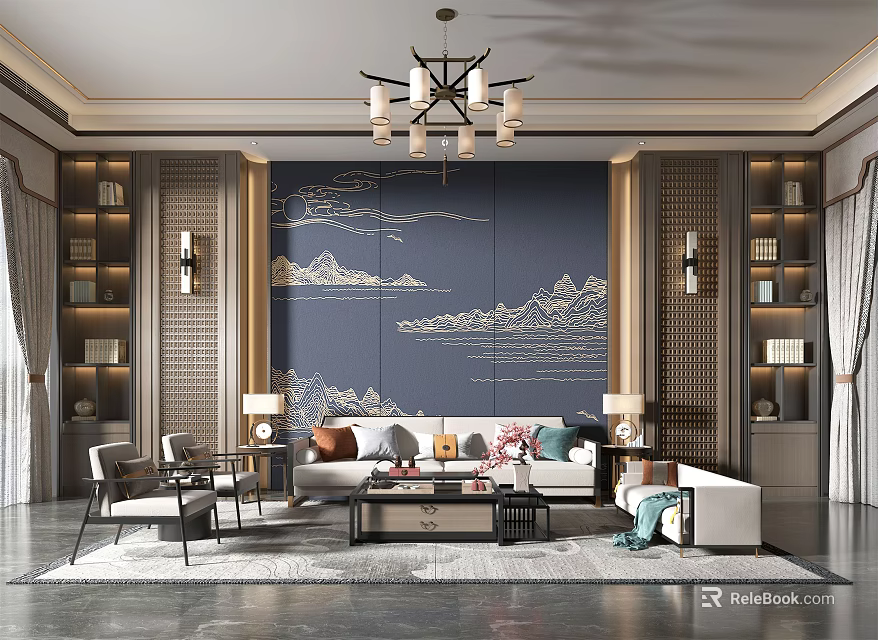 Chinese Style Living Room Interior With Landscape Painting Wall And Chandelier Sofa Coffee Table 3d model 
