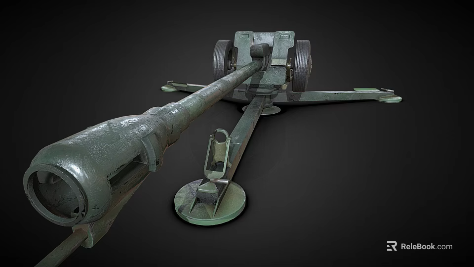 Vintage Green Cannon With Long Barrel Wheeled Carriage And Old Metal Structure 3d model 