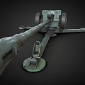 Vintage Green Cannon With Long Barrel Wheeled Carriage And Old Metal Structure