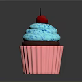 Blue Frosting Cupcake With Pink Liner And Red Cherry On Reflective Surface