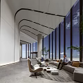 Modern Lobby Reception Area With Blue Striped Feature Wall And Marble Countertop Lighting