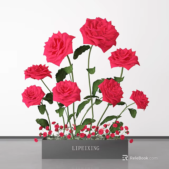 Red Roses with Green Leaves and Small Red Flowers in Decorative Vase 3d model 