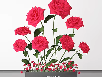 Red Roses with Green Leaves and Small Red Flowers in Decorative Vase 3d model