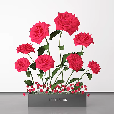 Red Roses with Green Leaves and Small Red Flowers in Decorative Vase 3d model