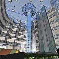 Modern Building Atrium Garden With Glass Dome Central Water Column Green Plants And Seating Areas