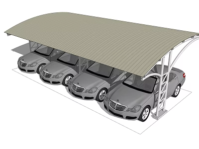 Curved Roof Carport Structure With Four Cars Parked Under Cover 3d model