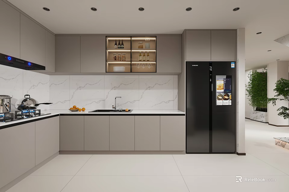 Modern Kitchen Interior With Gray Cabinets White Marble Countertop And Black Double Door Refrigerator 3d model 