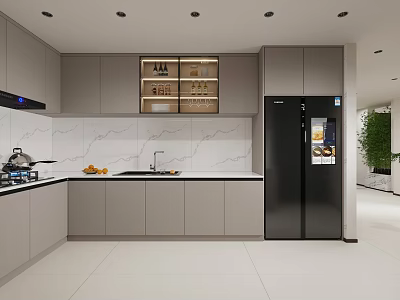 Modern Kitchen Interior With Gray Cabinets White Marble Countertop And Black Double Door Refrigerator 3d model