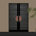 Modern Textured Black Double Doors With Round Metallic Handle And Green Plant