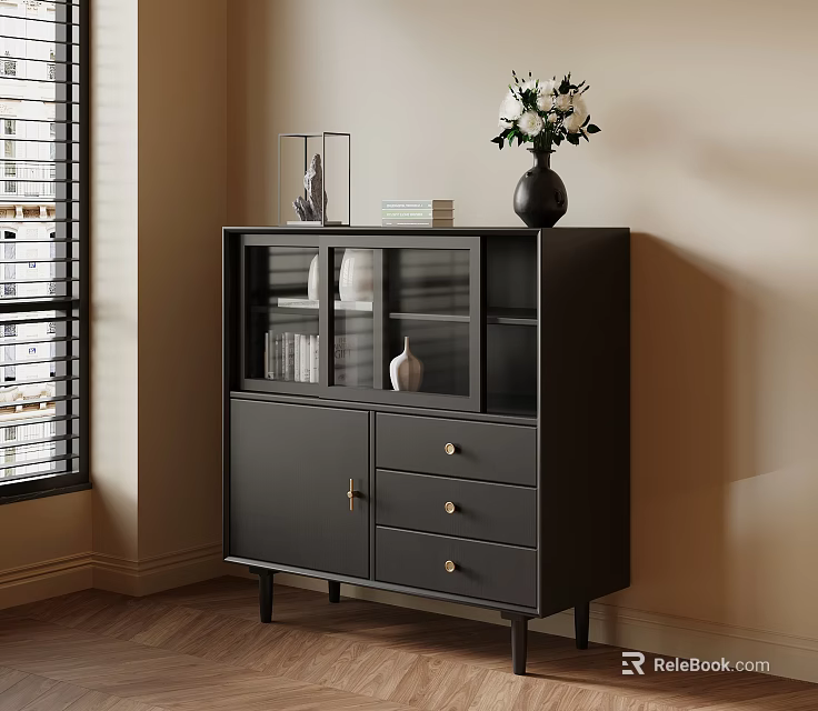 Black Sideboard With Glass Doors Drawers Vase And Books In Modern Room 3d model 