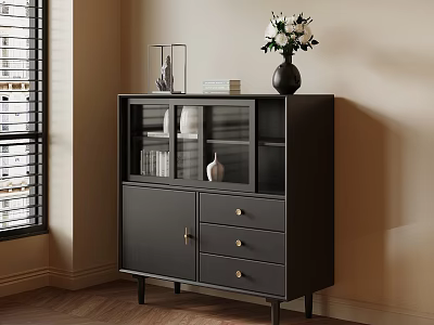 Black Sideboard With Glass Doors Drawers Vase And Books In Modern Room 3d model