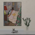 Oil Painting of Bedroom Interior with Striped Curtains Yellow Pillow and Side Green Plant