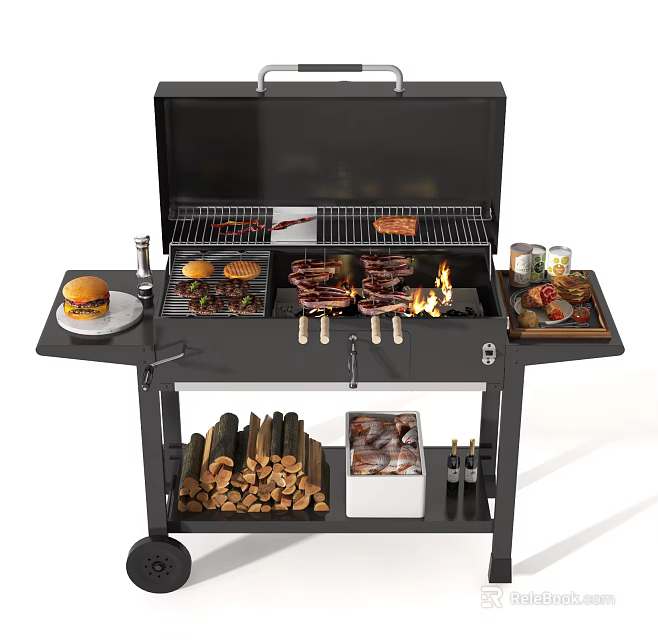 Outdoor Grill With Burgers Steaks Wood Logs Spice Containers And Wheeled Design 3d model 