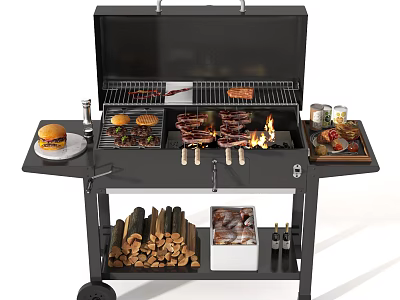 Outdoor Grill With Burgers Steaks Wood Logs Spice Containers And Wheeled Design 3d model