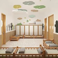 Modern Kindergarten Interior Design With Wooden Decor Circular Ceiling Colorful Cartoon Wall Round Tables Chairs