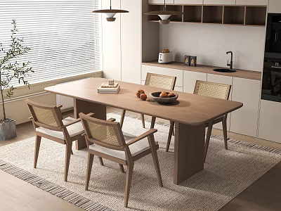 Modern Wooden Dining Table Set with Rattan Back Chairs Hanging Lamp and Kitchen Background 3d model