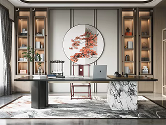 New Chinese Style Study Desk and Chair Combination Bookcase End View Table Chandelier Wall Decoration Carpet Tea Room Curtain 3d model