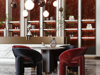 Stylish Leisure Sofa Combination with Red Black Armchairs Round Lights Display Shelves and Marble Floor 3d model