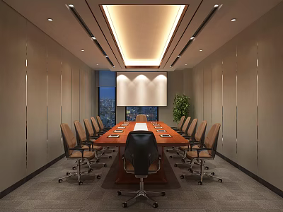 Modern Conference Room With Long Wooden Table Leather Chairs Ceiling Lighting And City Night View 3d model
