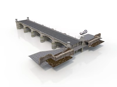 Historic Stone Bridge Structure With Multiple Arches And Small Boat Dock 3d model