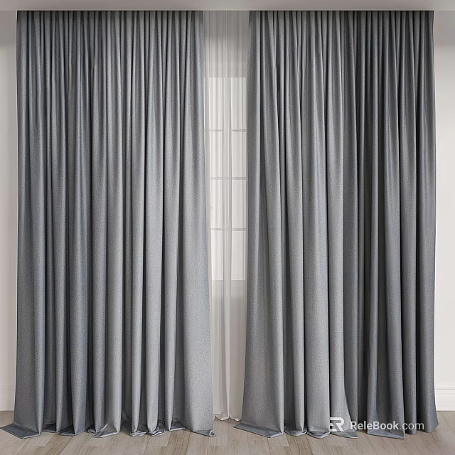 Elegant Gray Curtains With White Sheer Panels For Window Interior Decoration 3d model 