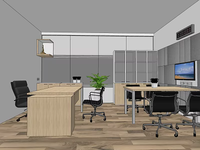 Modern Office Interior With Wooden Desks Black Chairs Green Plant White Cabinets TV Screen 3d model