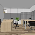 Modern Office Interior With Wooden Desks Black Chairs Green Plant White Cabinets TV Screen