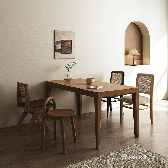 Minimalist Wooden Dining Table Set With Wicker Chairs Wall Art And Natural Light 3d model 