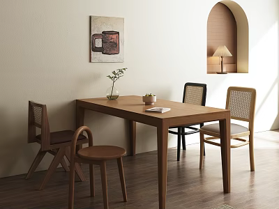Minimalist Wooden Dining Table Set With Wicker Chairs Wall Art And Natural Light 3d model