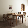 Minimalist Wooden Dining Table Set With Wicker Chairs Wall Art And Natural Light 3d model