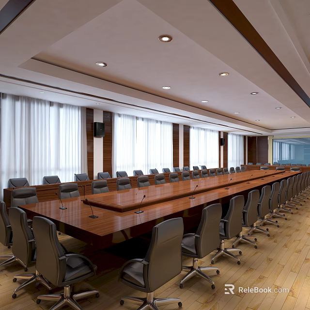 Bright Conference Room With Long Wooden Table Gray Chairs White Curtains And Ceiling Lights 3d model 
