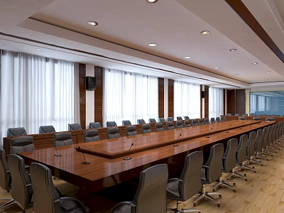 Bright Conference Room With Long Wooden Table Gray Chairs White Curtains And Ceiling Lights 3d model