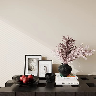 Decorative Ornament Set With Dried Flowers Vase Photo Frames Red Apples And Books On Table 3d model