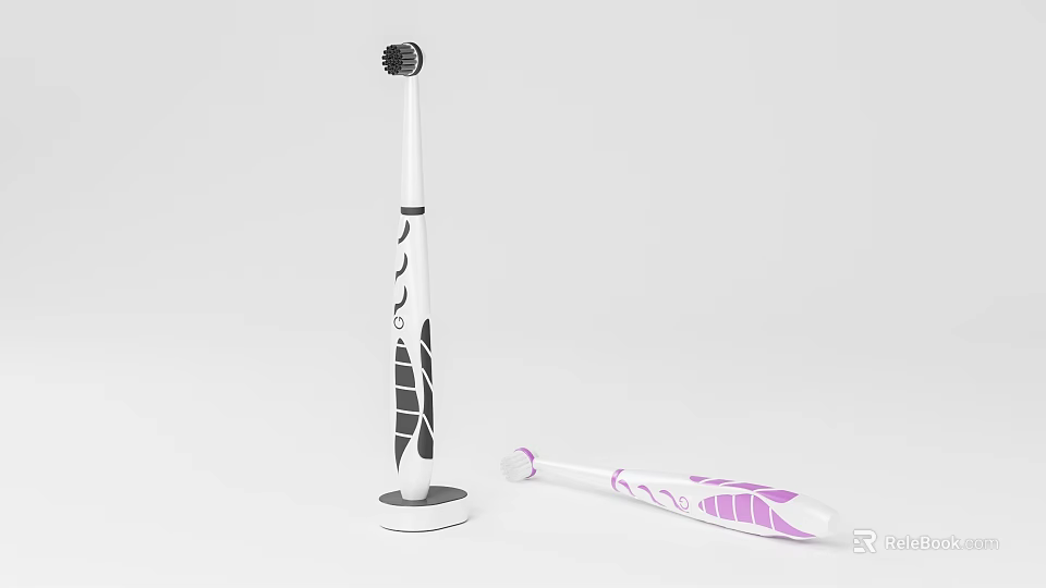 White Toothbrushes With Black Purple Geometric Patterns And Stand Holder Design 3d model 