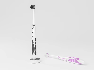 White Toothbrushes With Black Purple Geometric Patterns And Stand Holder Design 3d model