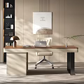 Modern Office Desk Interior With Wooden Top Laptop Desk Lamp Potted Plant And White Chair
