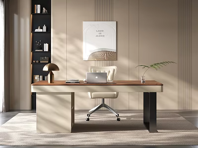 Modern Office Desk Interior With Wooden Top Laptop Desk Lamp Potted Plant And White Chair 3d model