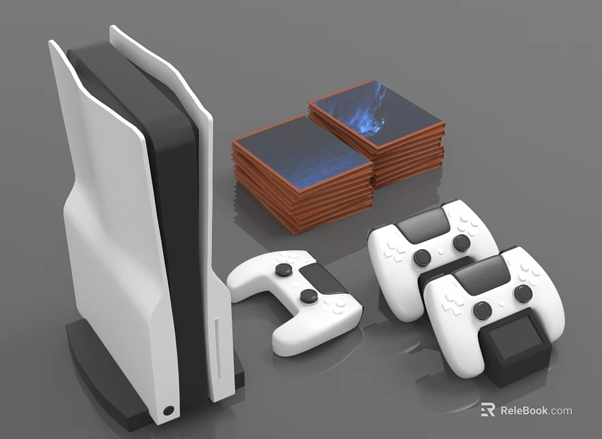 White Game Console with Controllers and Stacked Game Discs for Entertainment Electronics 3d model 