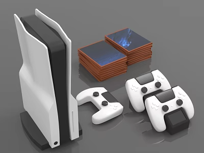 White Game Console with Controllers and Stacked Game Discs for Entertainment Electronics 3d model